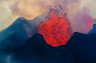 Reykjavik, Iceland. The Bardarbunga Volcano erupts spitting hot lava into the air. Art Print